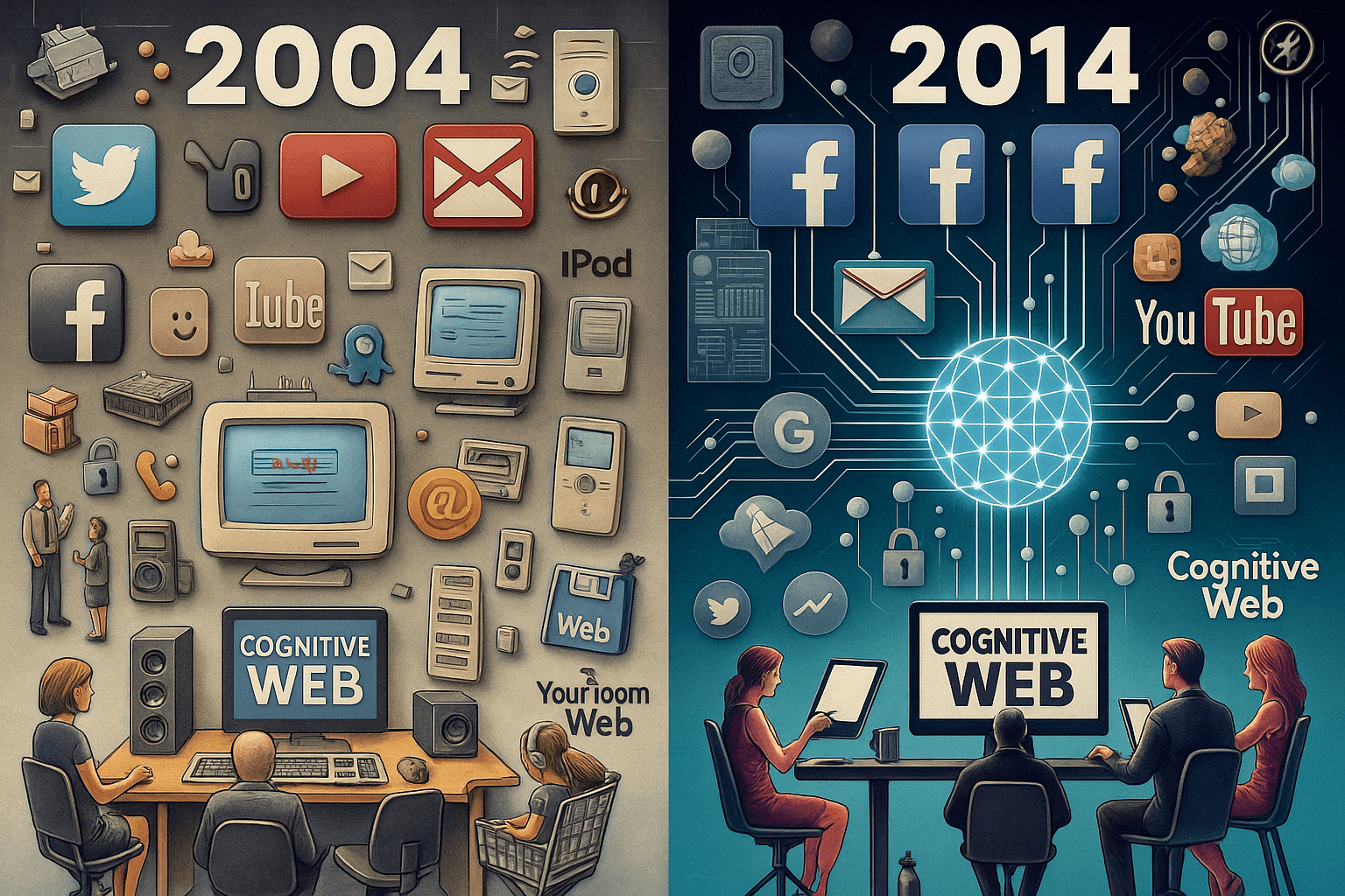 Collage que compara los íconos de la web de 2004 con los de 2014, de los computadores de escritorio antiguos a las redes sociales.