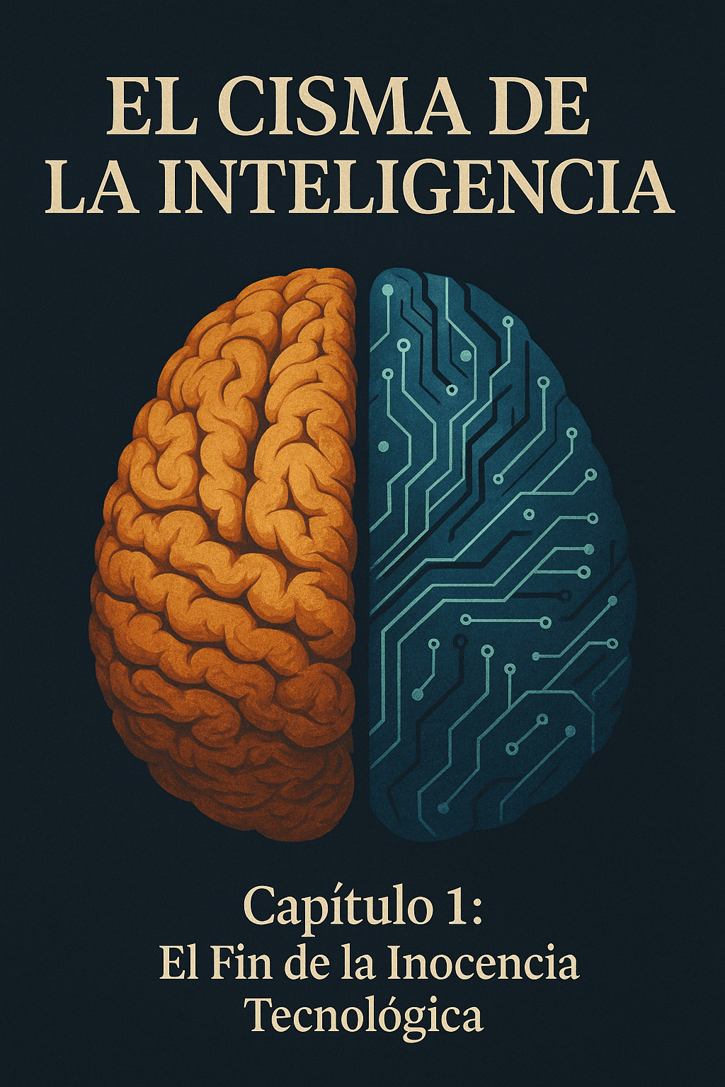 Portada con un cerebro dividido en dos mitades: una orgánica de color naranjo y otra formada por circuitos azules.