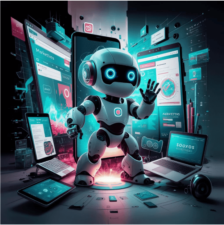 Robot de aspecto amistoso rodeado de pantallas de celulares y computadores con paneles de marketing digital.