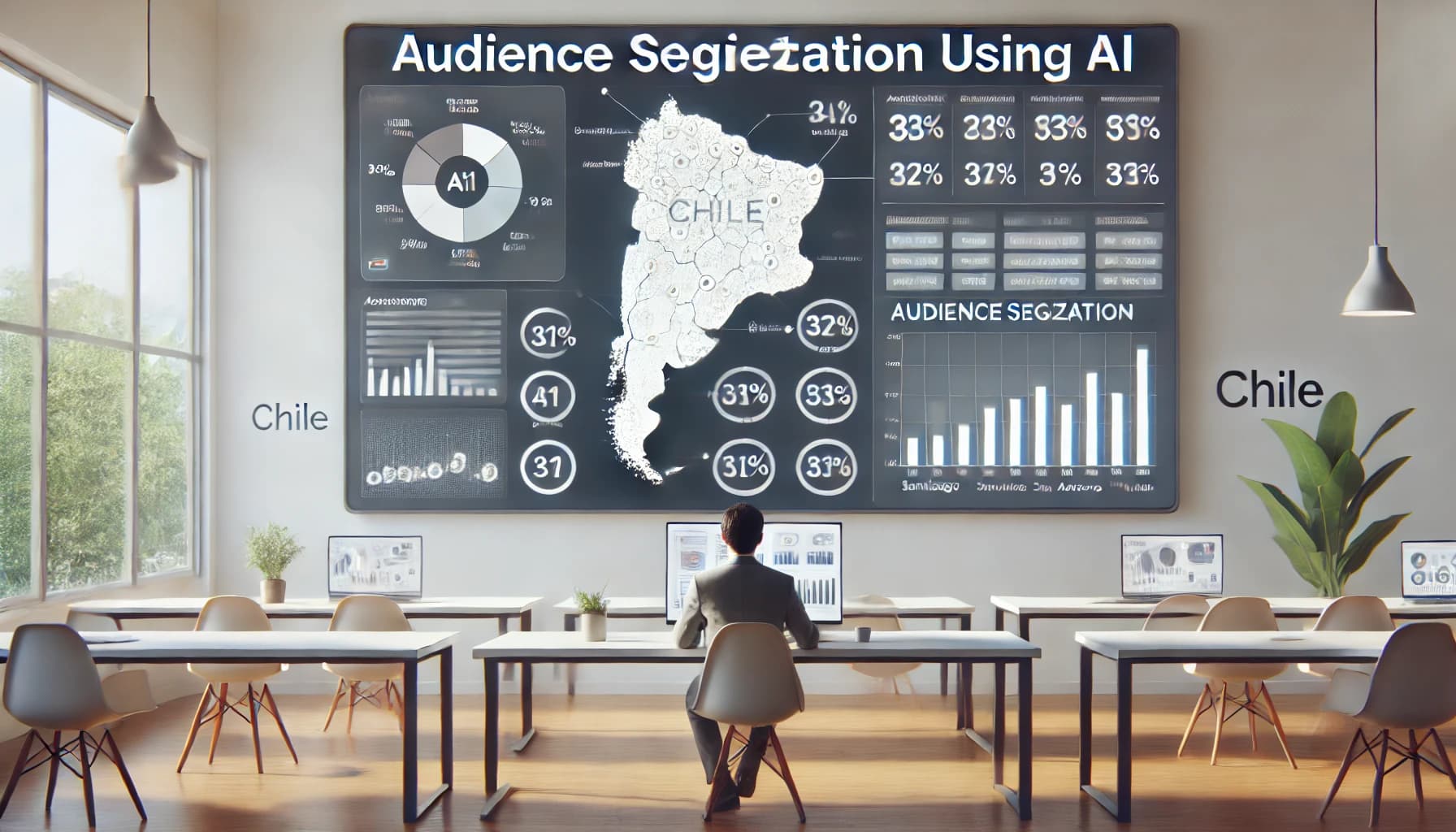 Sala de reuniones con una pantalla que muestra un mapa de Sudamérica con Chile destacado, junto a gráficos de segmentación de audiencia.