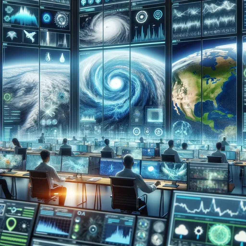 Sala de control climático con pantallas gigantes que muestran un huracán y el planeta Tierra, con dos analistas de espaldas.