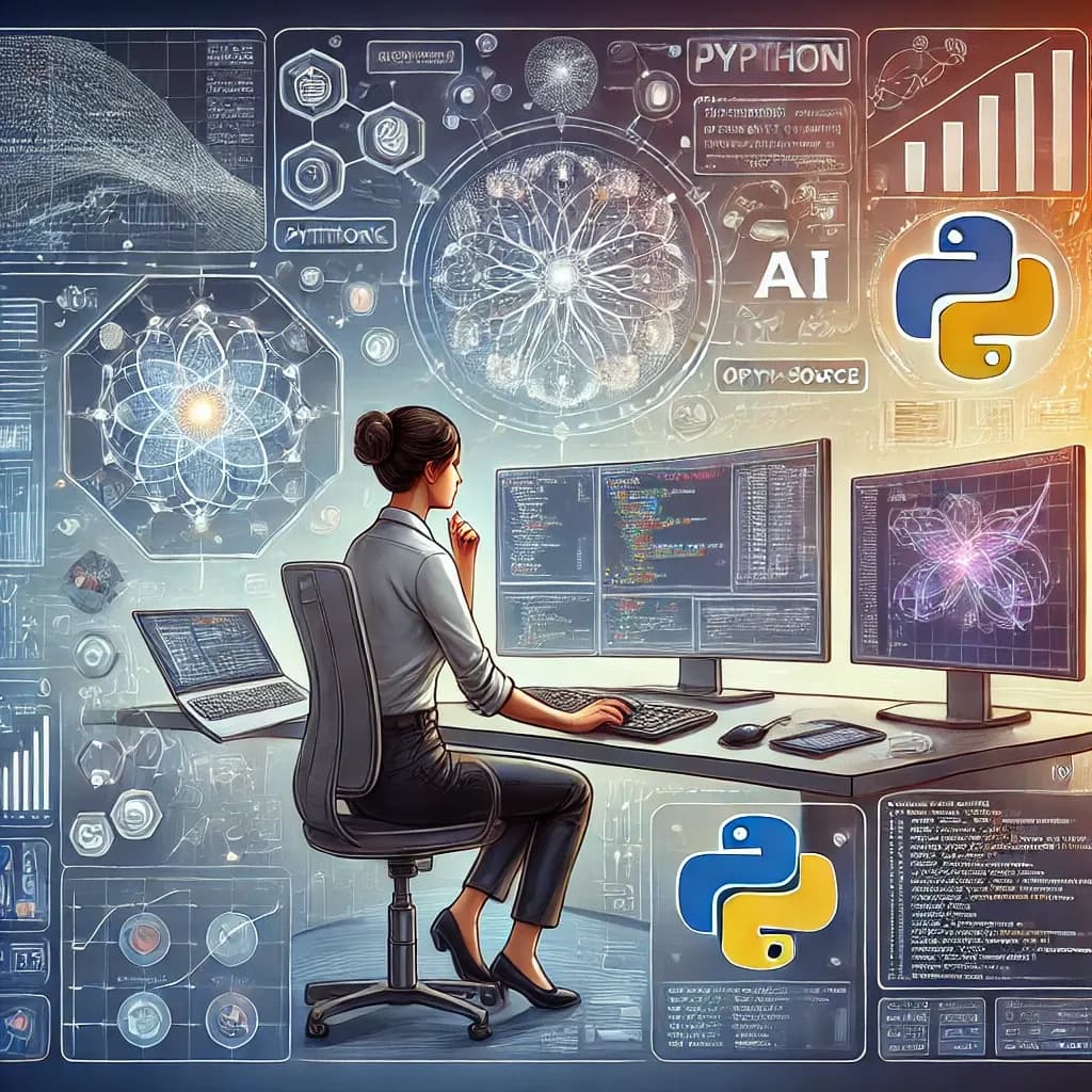 Programadora de espaldas trabajando frente a tres pantallas con código, con el logotipo de Python a los costados.