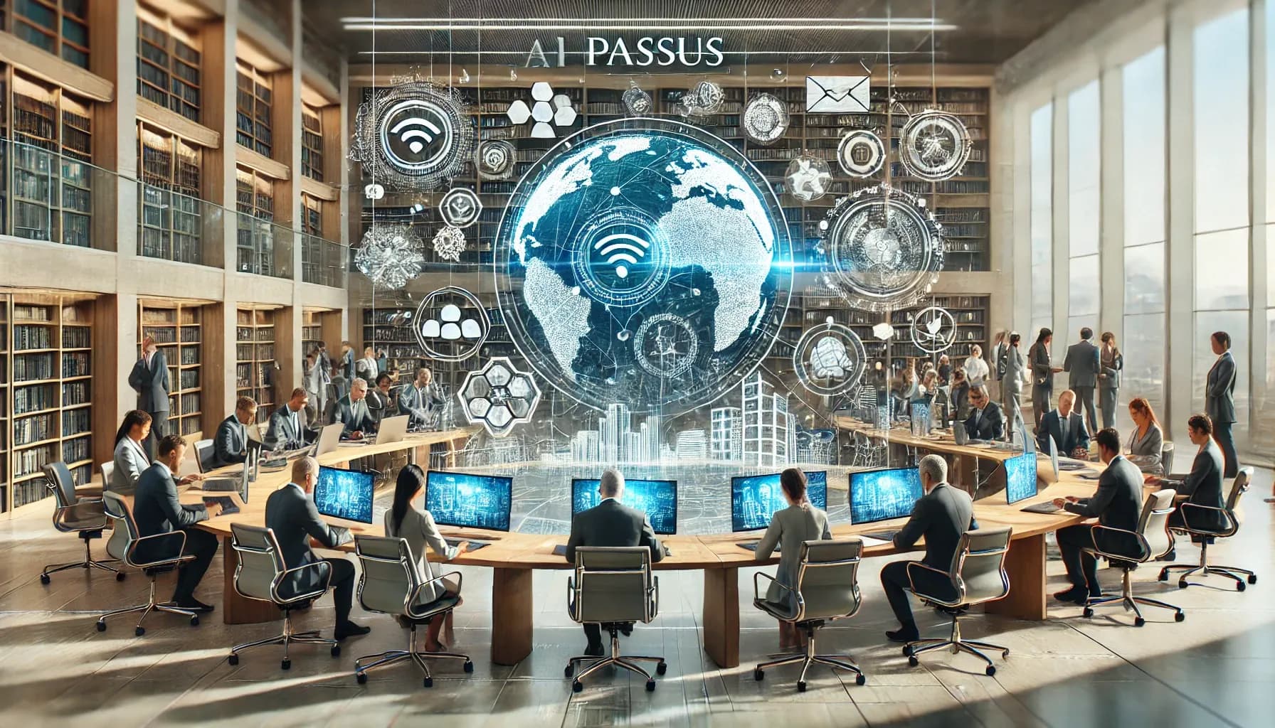 Sala amplia con una mesa larga de trabajo y un globo terráqueo holográfico proyectado al centro.