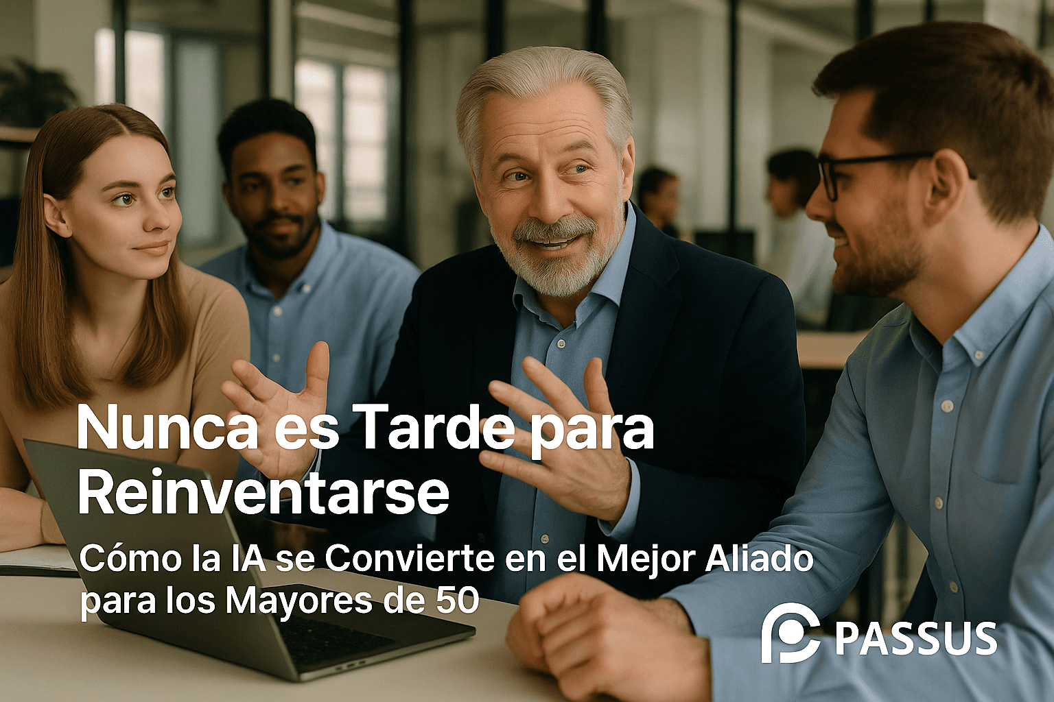Cuatro profesionales adultos conversan animadamente alrededor de un computador portátil en una oficina.
