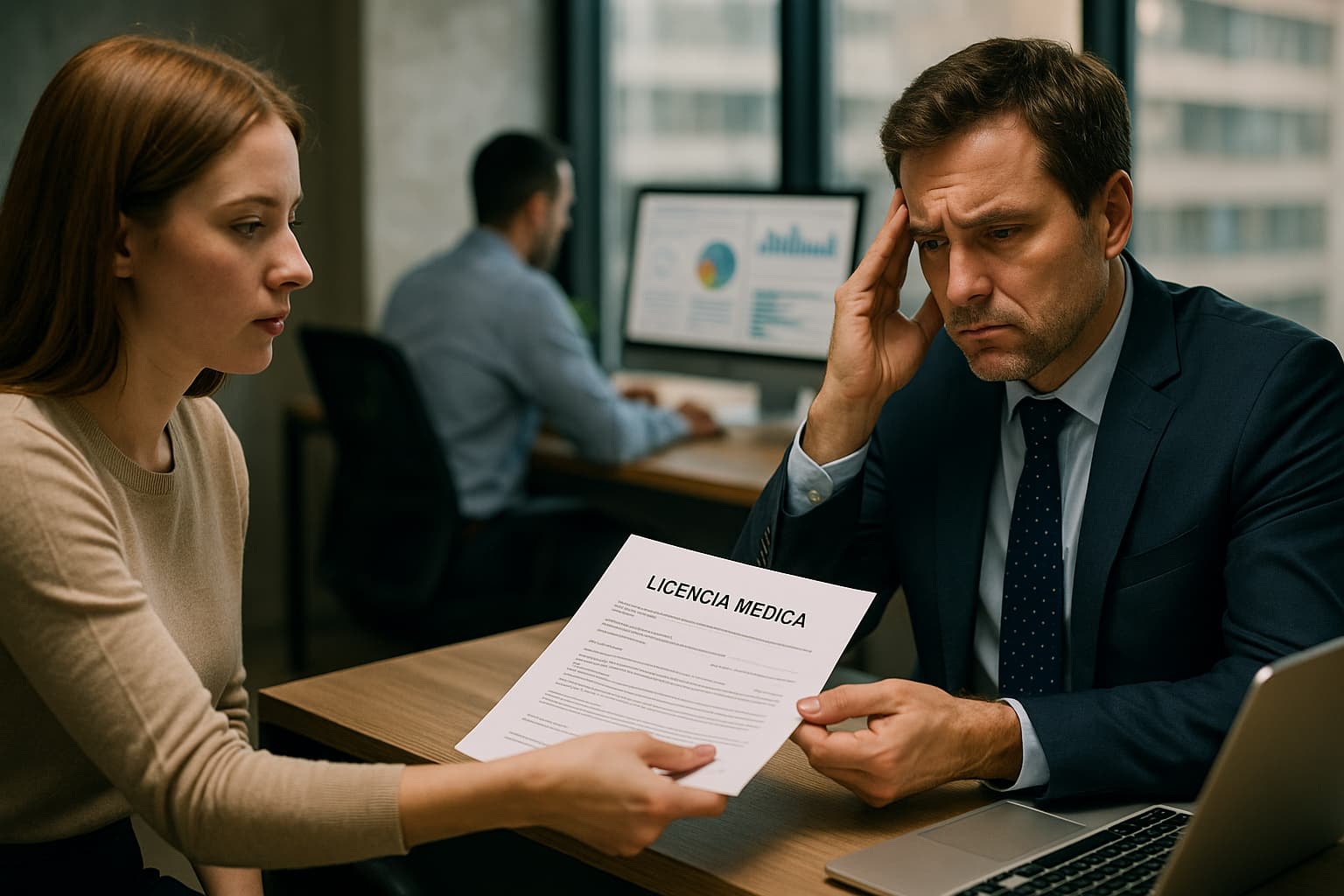 Supervisor en oficina moderna observa con preocupación una licencia médica entregada por una empleada, mientras en el fondo se visualizan datos en una pantalla que insinúan análisis automatizado.