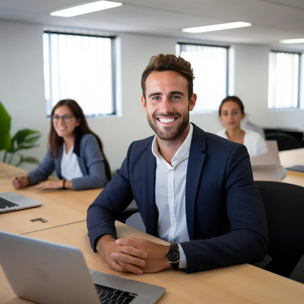 Profesional sonriente en una sala de capacitación, con espíritu de colaboración en la evolución del gobierno digital impulsado por la IA.