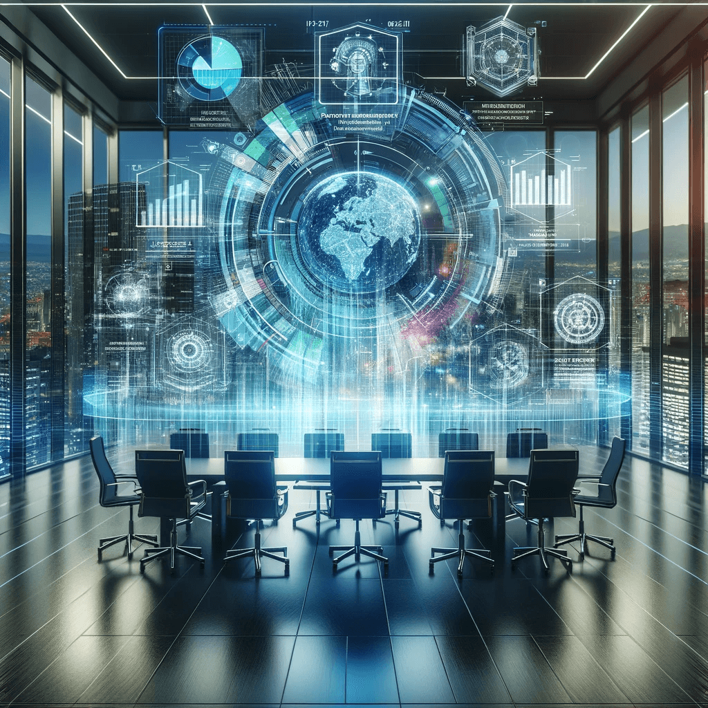 Sala de directorio con vista nocturna a la ciudad y una proyección circular de datos sobre la mesa de reuniones.