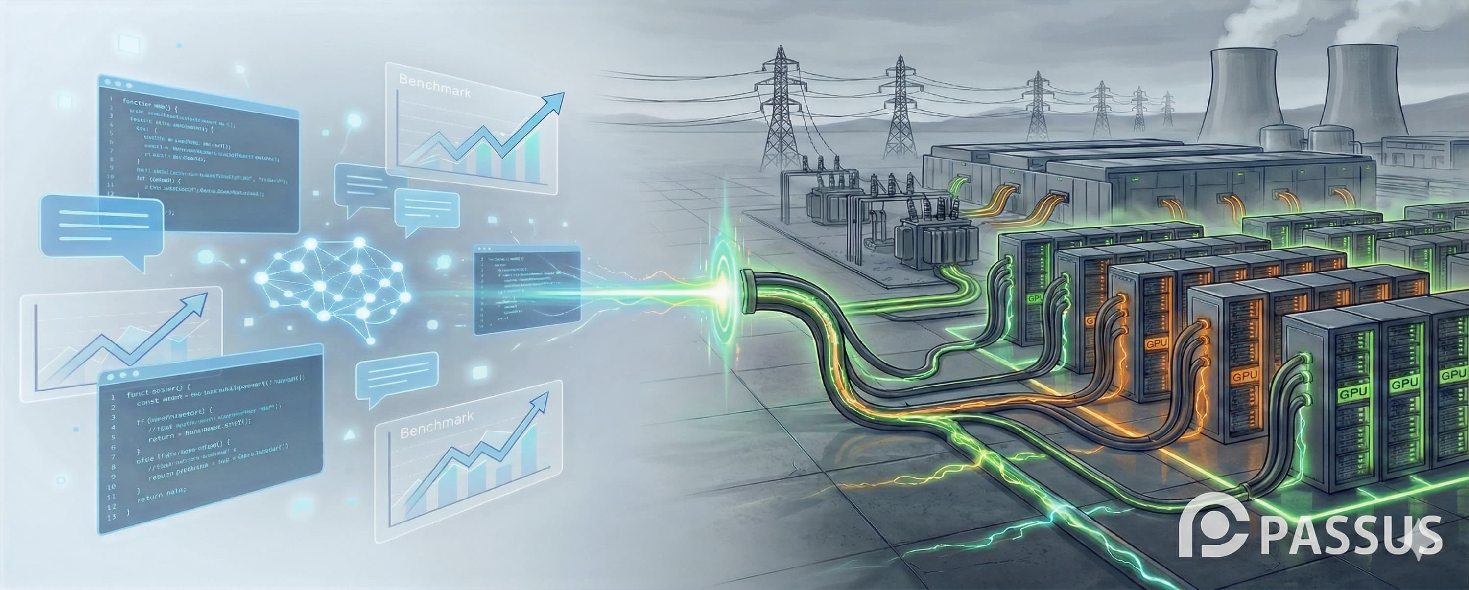 Ilustración de tableros de indicadores conectados por cables luminosos a una central eléctrica con torres de enfriamiento.