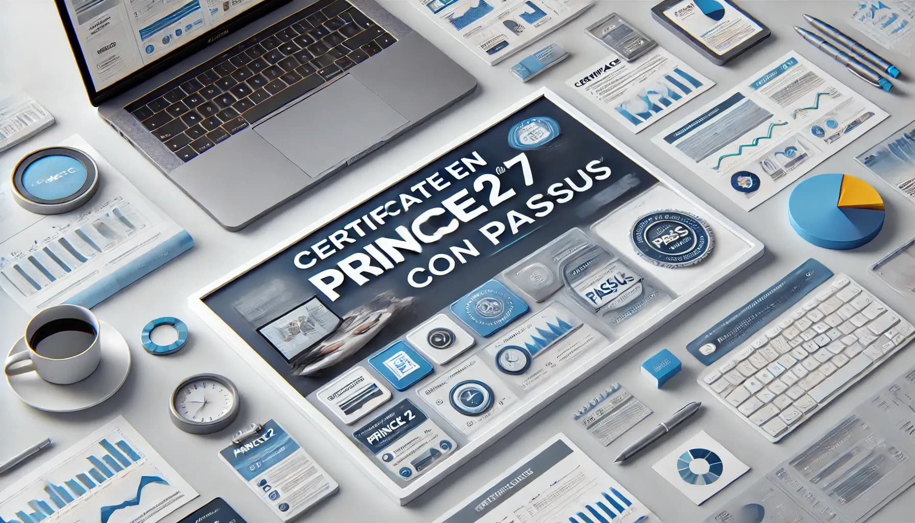 Escritorio con un computador portátil, gráficos impresos y un cartel que invita a certificarse en PRINCE2.