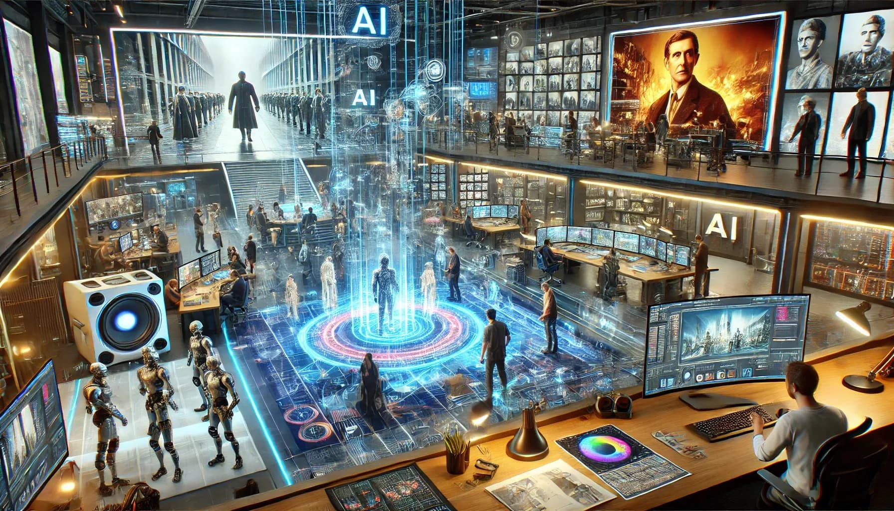 Estudio creativo futurista con personas trabajando entre pantallas y hologramas, sobre un escenario circular iluminado.