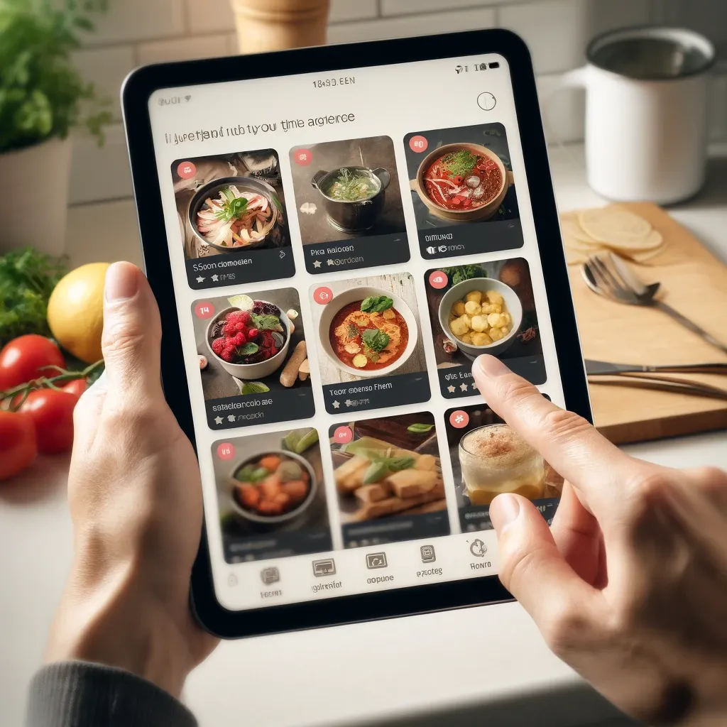 Manos sostienen una tablet con una aplicación de recetas, sobre una mesa de cocina con verduras frescas.