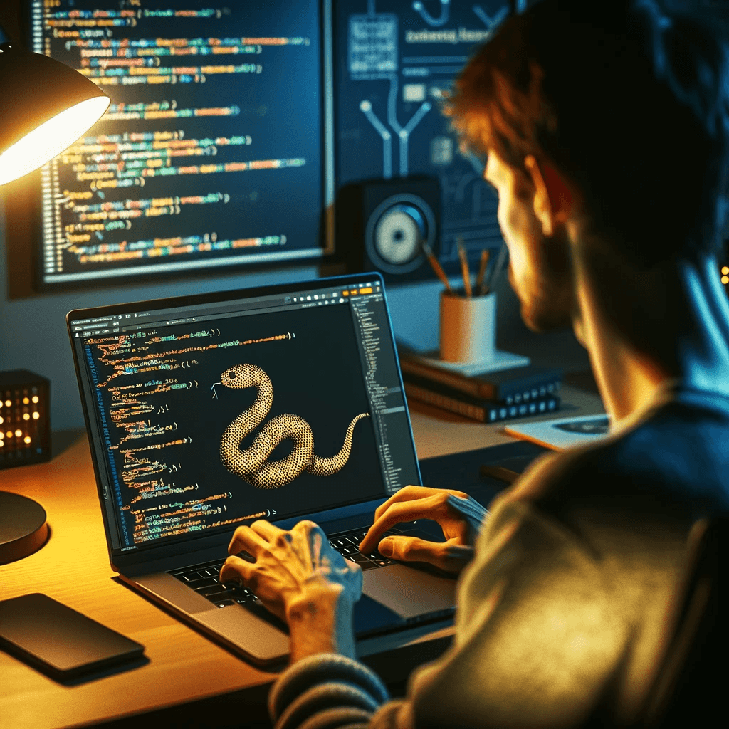 Persona programando de noche frente a un computador portátil, con una serpiente pitón ilustrada en la pantalla.