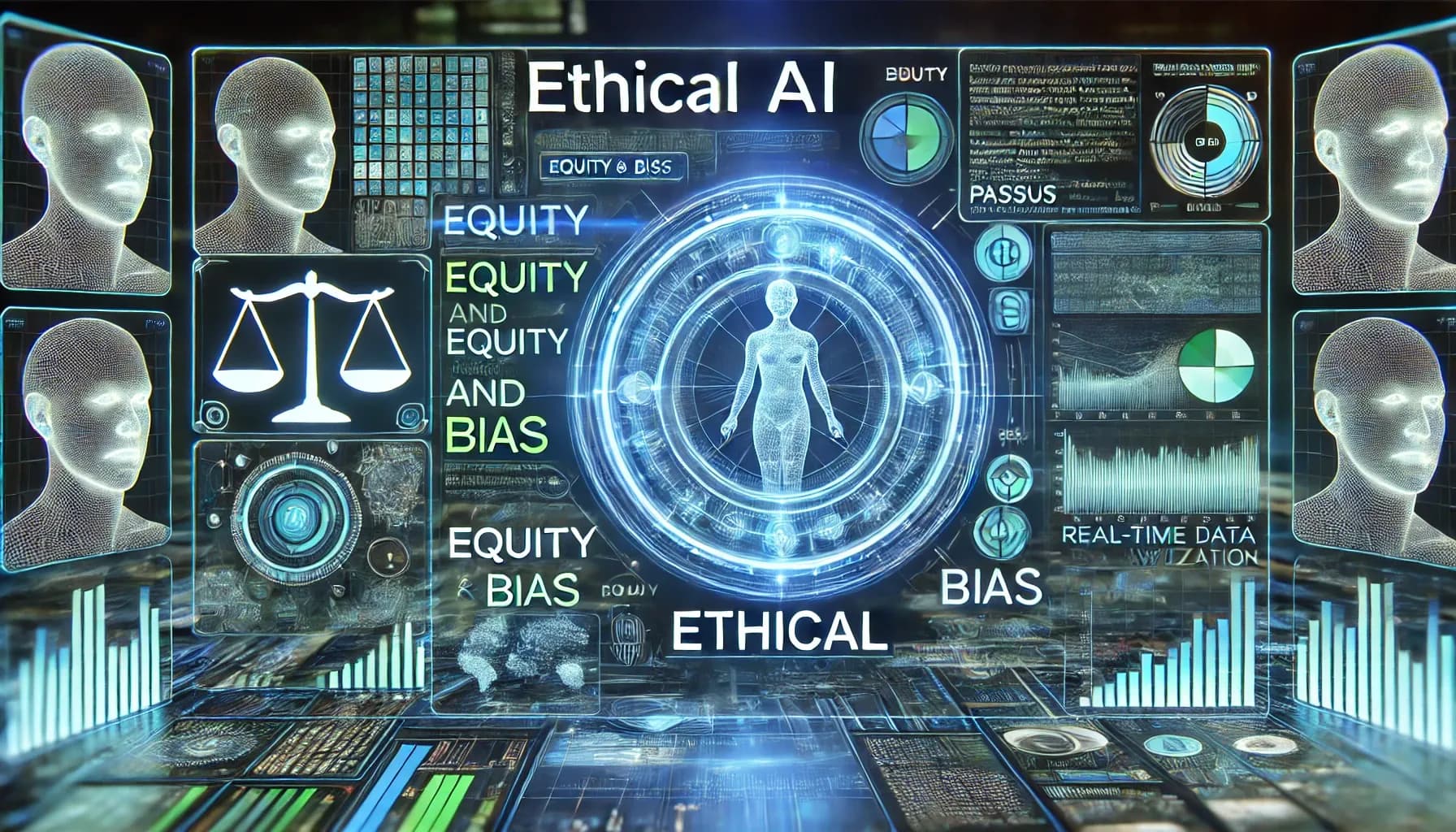 Tablero digital con rostros humanos analizados, una balanza y gráficos, bajo el rótulo de inteligencia artificial ética.