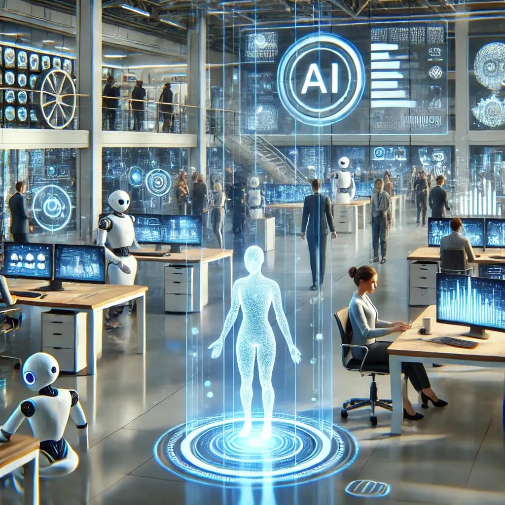 Oficina donde robots humanoides y personas trabajan lado a lado frente a pantallas de datos, con una figura humana holográfica al centro.