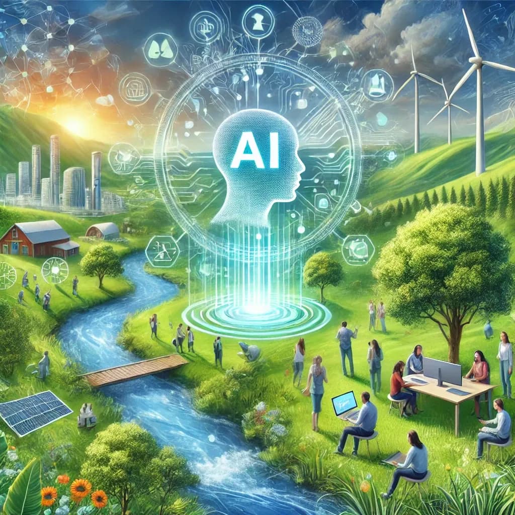 Paisaje verde con un río, molinos de viento y personas trabajando al aire libre, con un perfil digital y símbolos ambientales al centro.