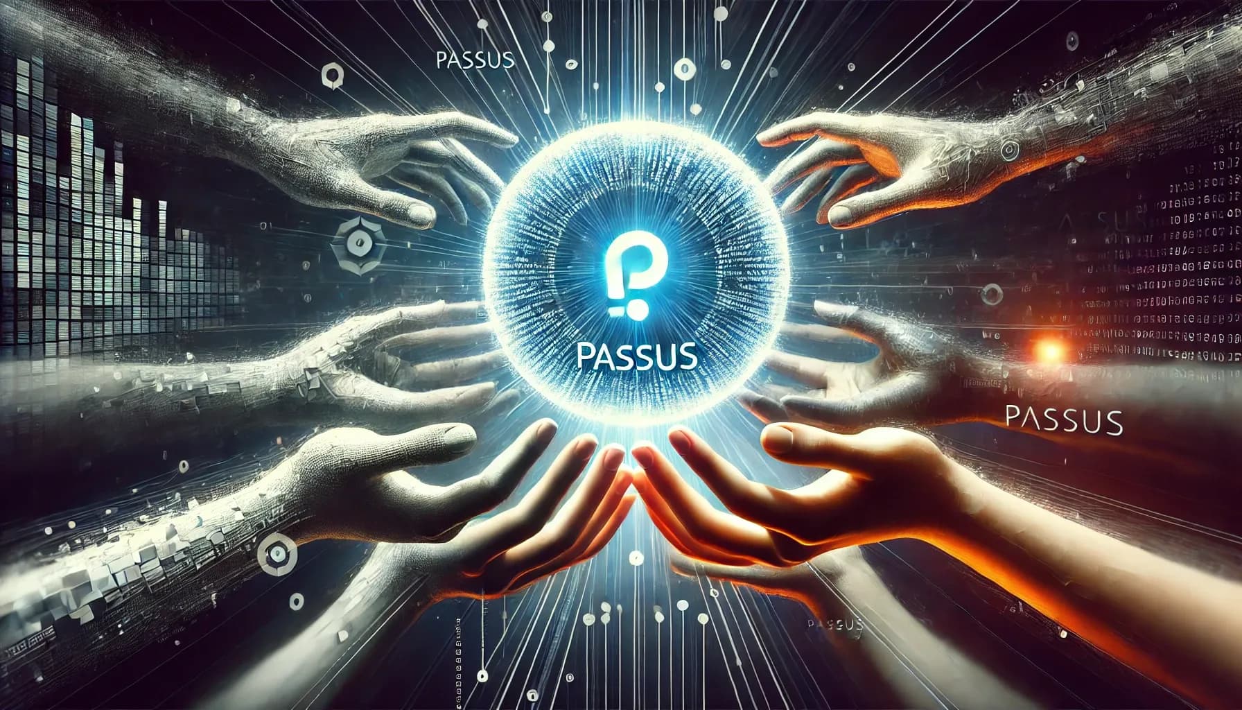 Manos de diferentes tonos de piel emergiendo de una esfera de datos, sosteniendo el holograma del logo de Passus, simbolizando colaboración global en IA ética