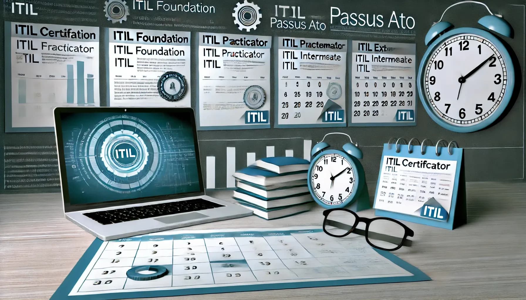 Escritorio con un computador que muestra el logotipo de ITIL, junto a libros, un reloj despertador y un calendario.