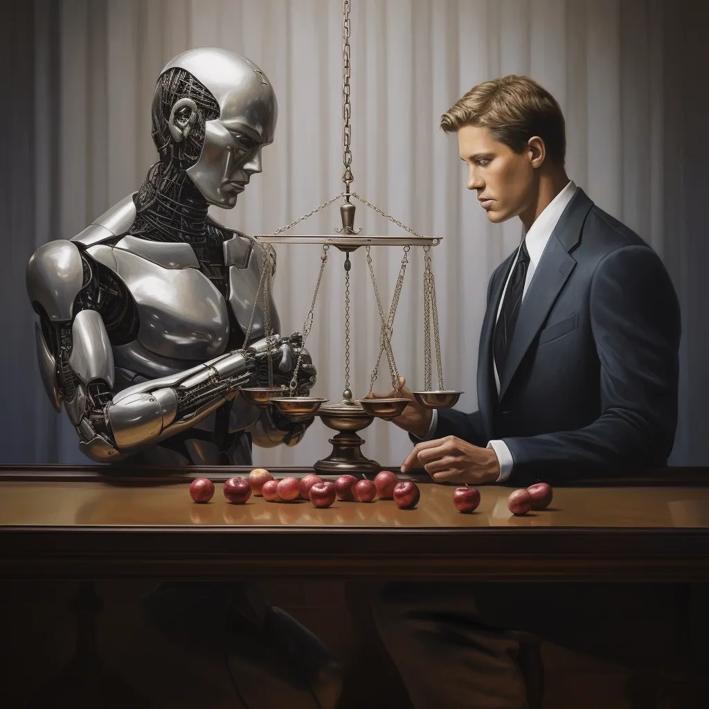 Un robot humanoide y un abogado sentados frente a frente en una mesa, con una balanza de la justicia entre los dos.