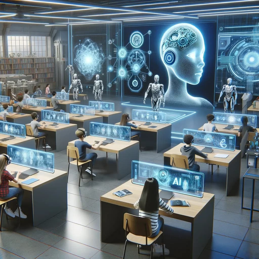 Sala de clases futurista con estudiantes frente a pantallas holográficas y robots humanoides recorriendo el aula.