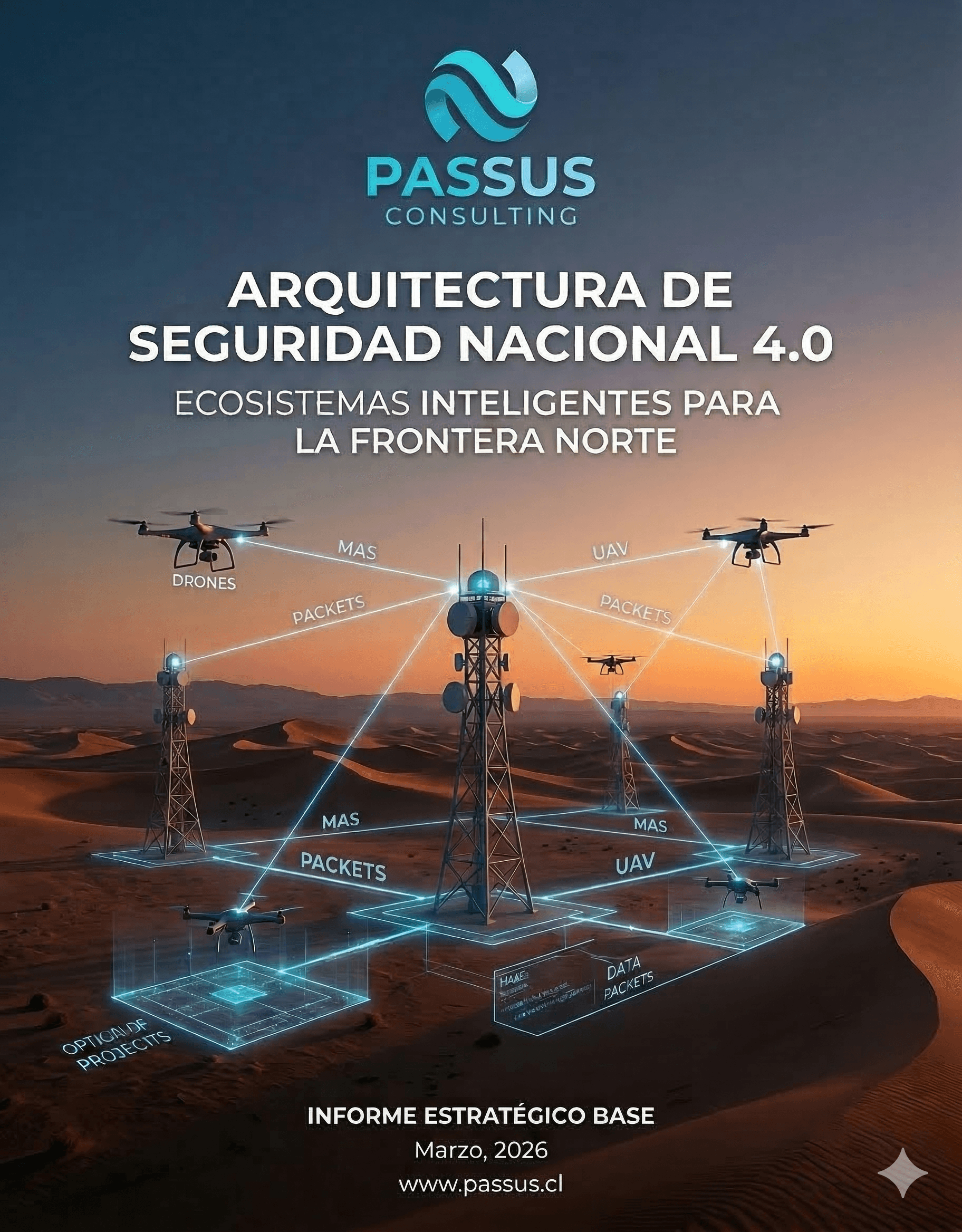 Torres de vigilancia conectadas por una red de datos en pleno desierto al atardecer, con drones sobrevolando la zona.