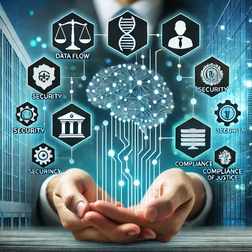 Dos manos abiertas sostienen un cerebro digital del que se despliegan íconos de cumplimiento, seguridad y flujo de datos.