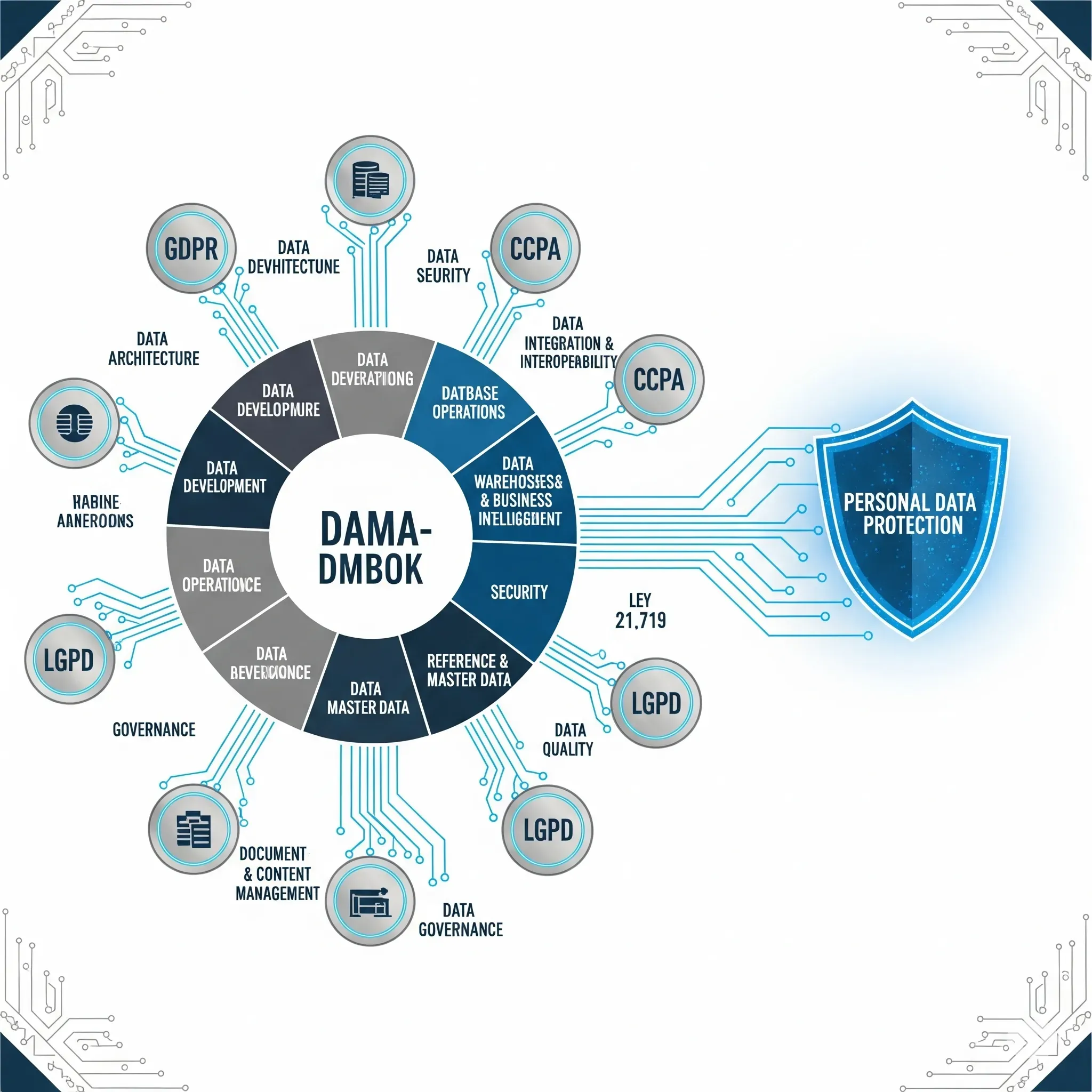 Rueda del marco DAMA-DMBOK con sus disciplinas de gestión de datos, rodeada de las siglas de las leyes de protección de datos.