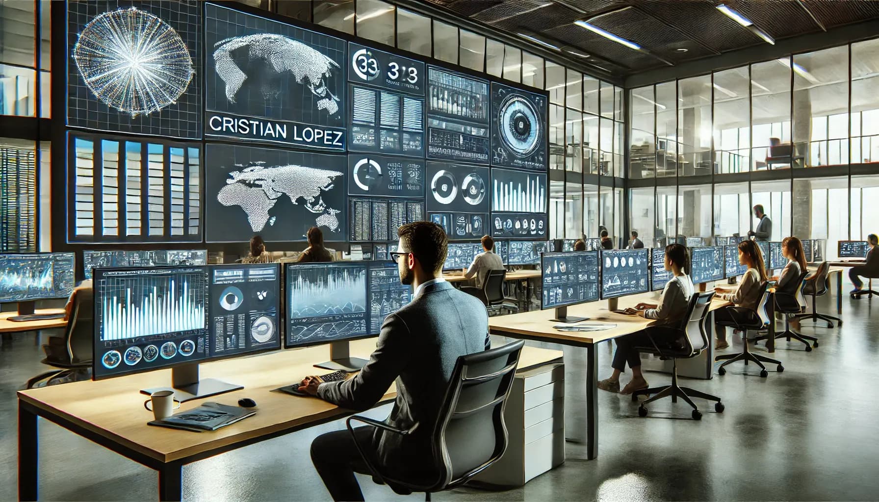 Cristian López, de Passus, analizando un informe sobre IA generativa en una oficina de alta tecnología con equipo de analistas trabajando en visualizaciones y modelos de IA.