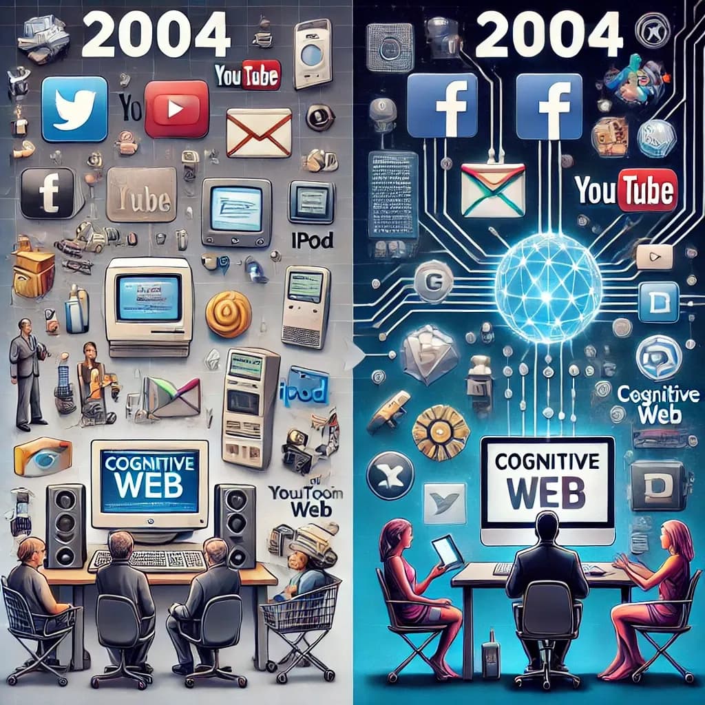 Comparación visual de la evolución tecnológica entre 2004 y 2024, mostrando el cambio desde plataformas como Facebook, Gmail, y YouTube hacia tecnologías emergentes como inteligencia artificial, blockchain y realidad aumentada en la Web Cognitiva