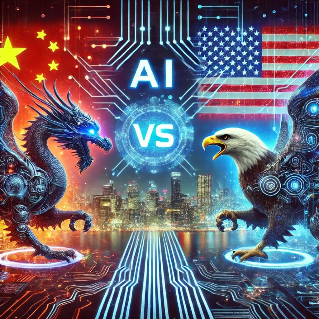 Un dragón sobre la bandera de China y un águila sobre la bandera de Estados Unidos, enfrentados, con la sigla AI entre ambos.