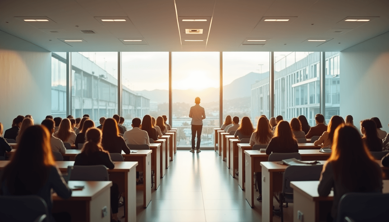 Sala de clases llena de participantes de espaldas frente a un instructor que expone junto a un gran ventanal iluminado.