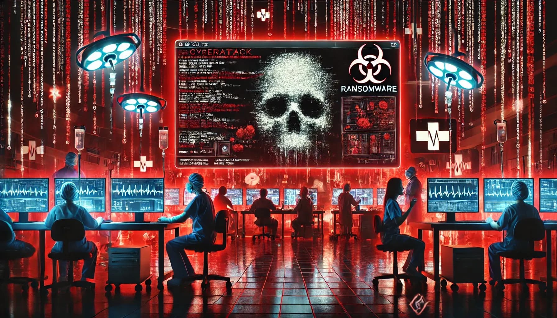 Sala de monitoreo iluminada en rojo durante un ataque informático, con una calavera y la palabra ransomware en las pantallas.