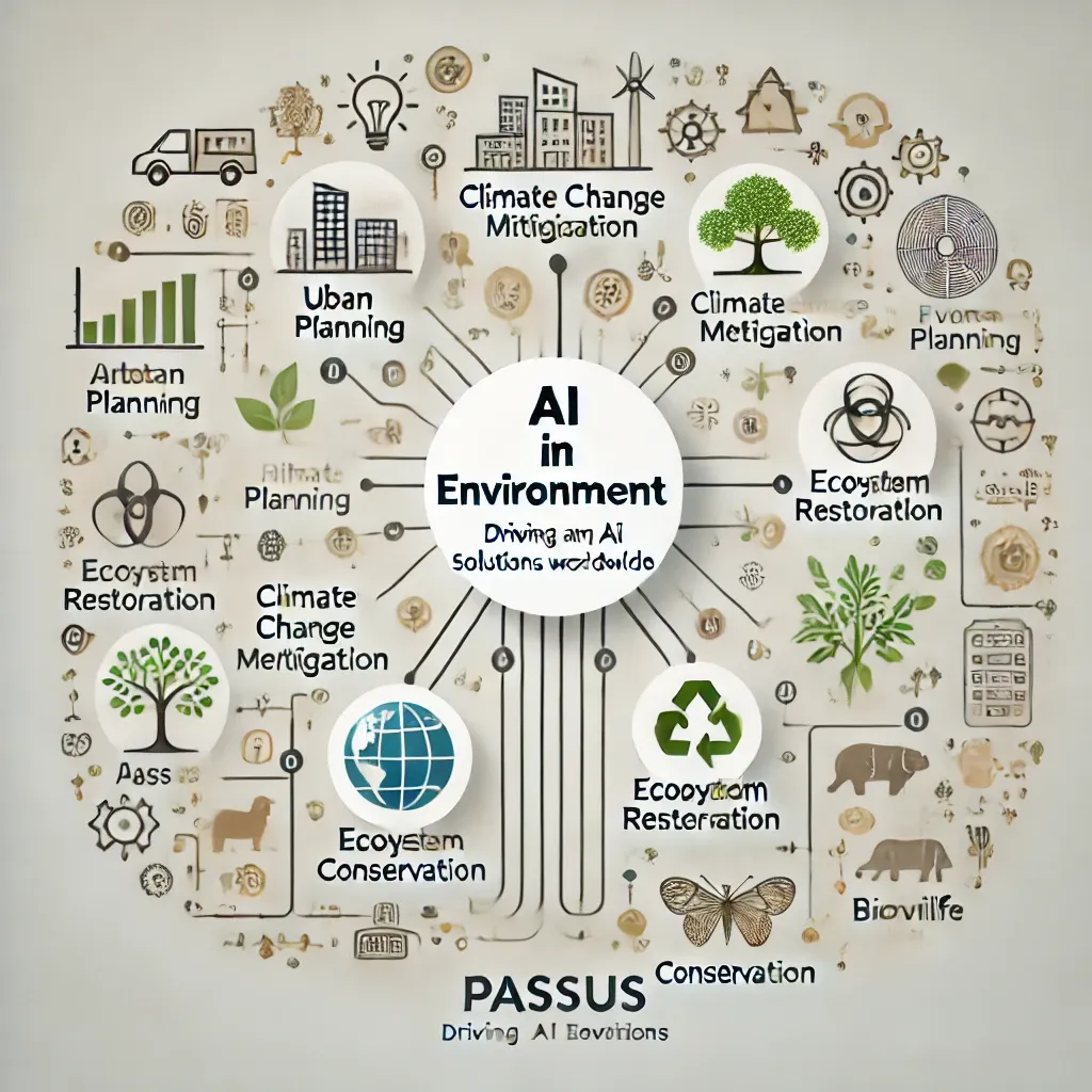 Infografía circular sobre los usos de la inteligencia artificial en el medioambiente, con ramas hacia clima, ciudades y ecosistemas.