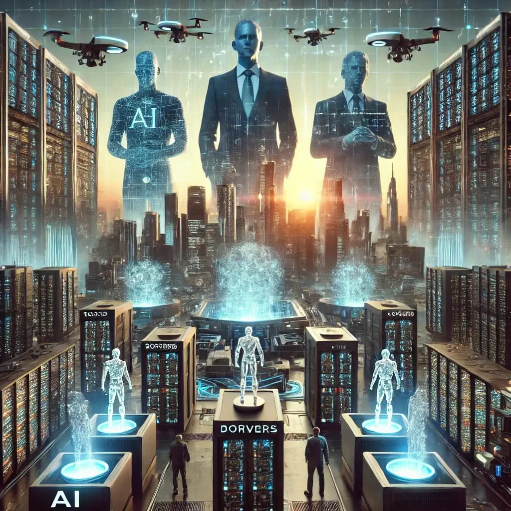 Ciudad futurista al atardecer con figuras humanas translúcidas de gran tamaño, drones y salas de servidores.